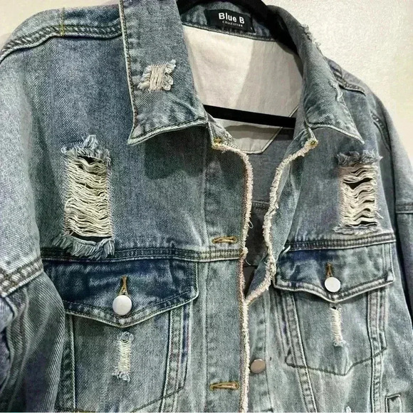 Women’s Blue B Collection Distressed Jean Jacket Size Large - Picture 3 of 9